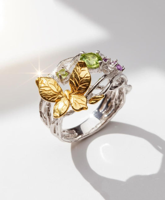 925 sterling silver butterfly peridot ring set