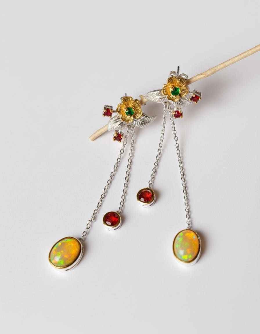 925 Sterling Silver Fire Opal Flower Earrings