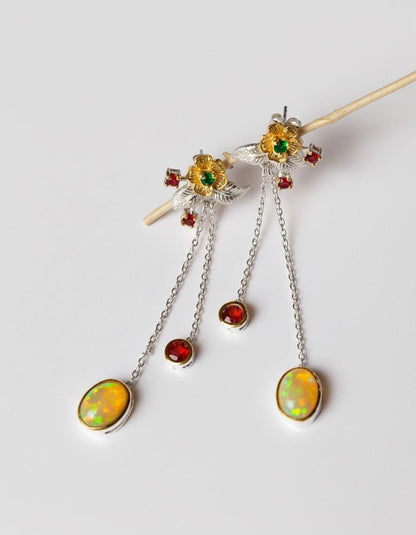 925 Sterling Silver Fire Opal Flower Earrings