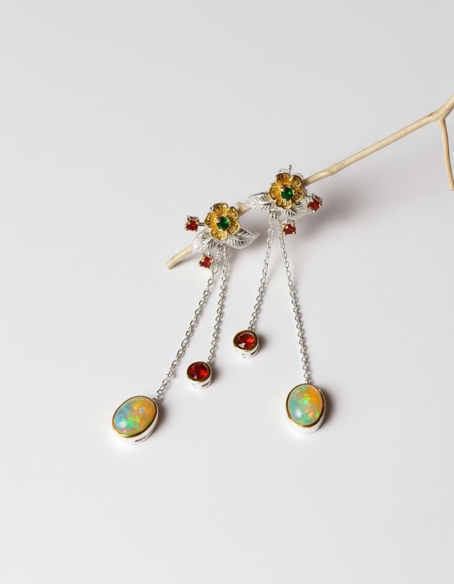 925 Sterling Silver Fire Opal Flower Earrings