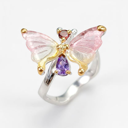 925 Sterling Silver Bicolor Tourmaline Butterfly Ring