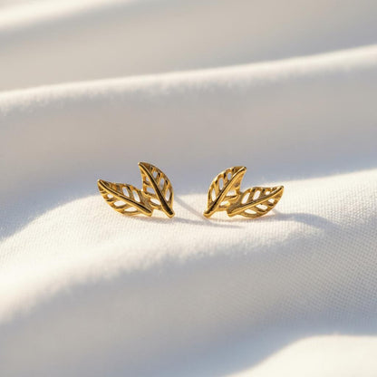 14K Solid Gold Leaf Dainty Stud Earrings