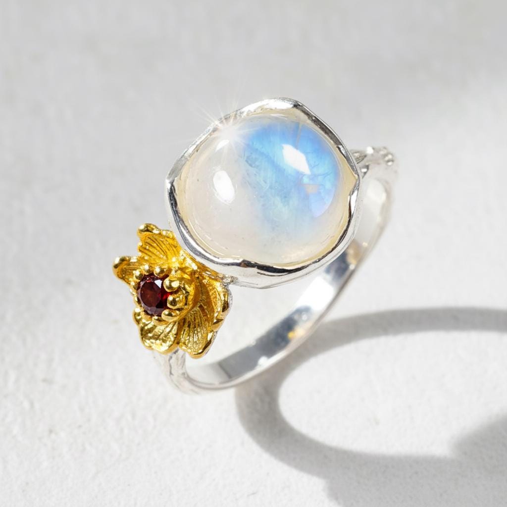 925 Sterling Silver Rainbow Moonstone Branch Ring