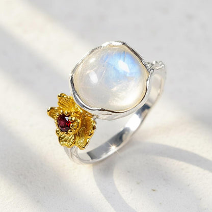 925 Sterling Silver Rainbow Moonstone Branch Ring