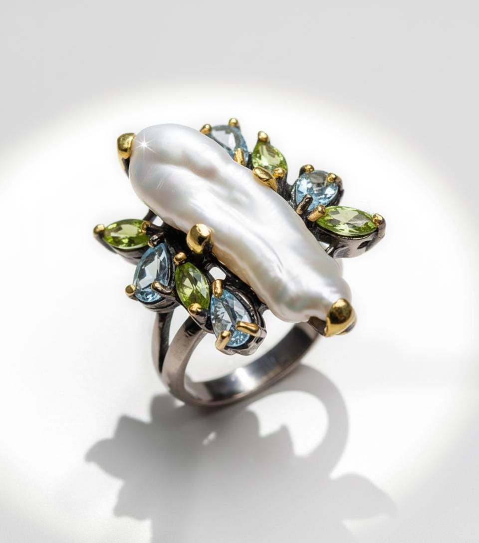 925 Sterling Silver Baroque Pearl Pencil Ring