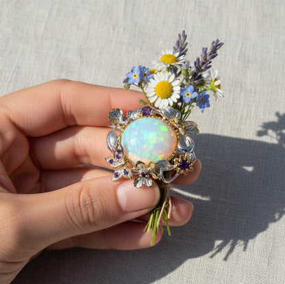 925 Sterling Silver Genuine Opal Statement Ring