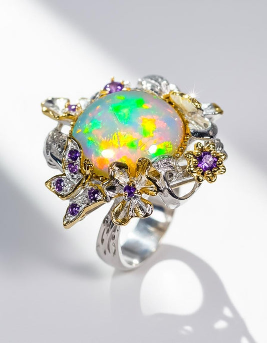 925 Sterling Silver Genuine Opal Statement Ring