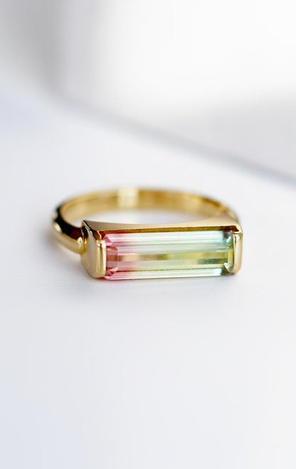 14-18K Solid Gold Watermelon Tourmaline Bar Ring