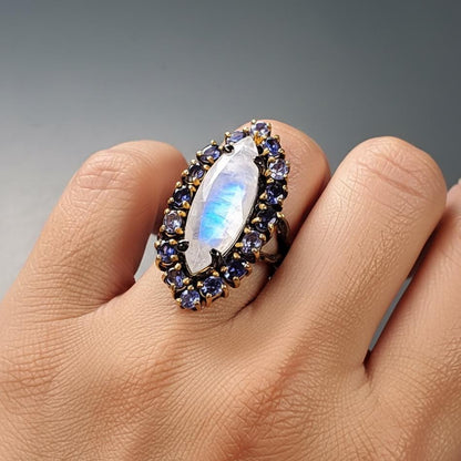 925 Sterling Silver Rainbow Moonstone Marquise Ring