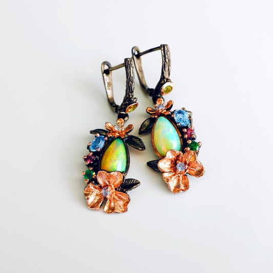 925 Sterling Silver Rainbow Fire Opal Earrings