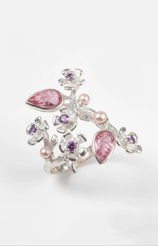 925 Sterling Silver Pink Tourmaline Sakura Ring