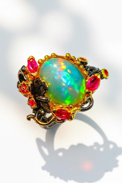 925 Sterling Silver Rainbow Fire Opal Ring
