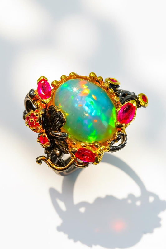 925 Sterling Silver Rainbow Fire Opal Ring