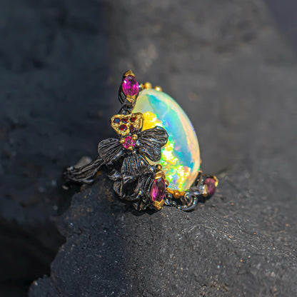 925 Sterling Silver Rainbow Fire Opal Ring