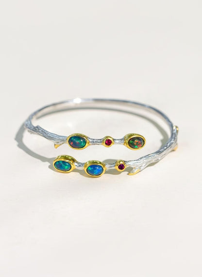 925 Sterling Silver Black Opal Branch Cuff Bracelet