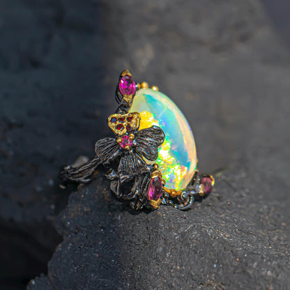 925 Sterling Silver Fire Opal Floral Ring