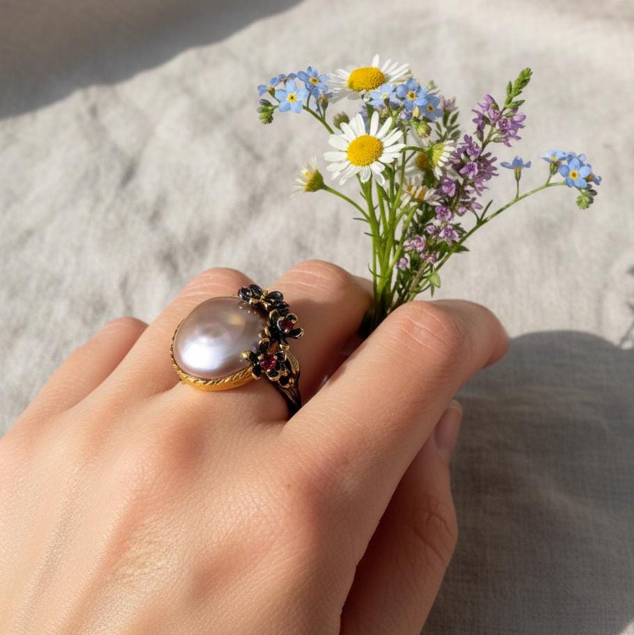 925 Sterling Silver Baroque Pearl Statement Ring