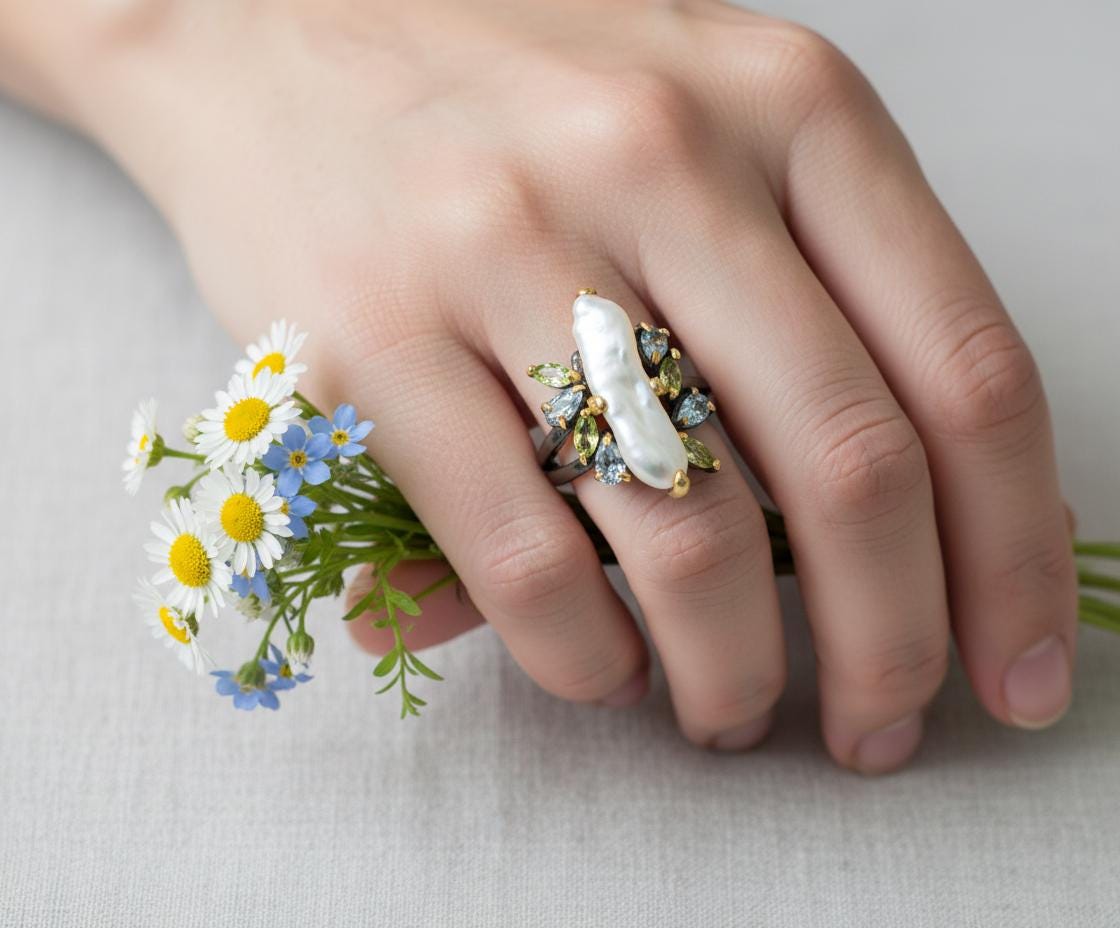 925 Sterling Silver Baroque Pearl Pencil Ring