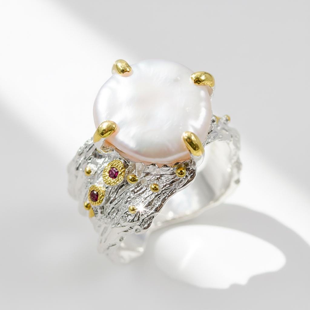 925 Sterling Silver Baroque Pearl Wide Ring