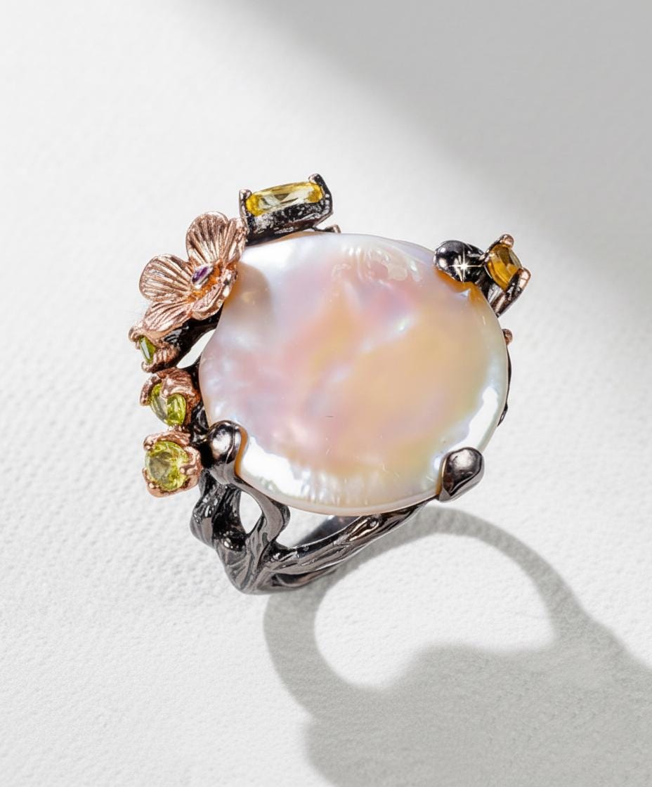 925 Sterling Silver Baroque Pearl Ring, setting detail