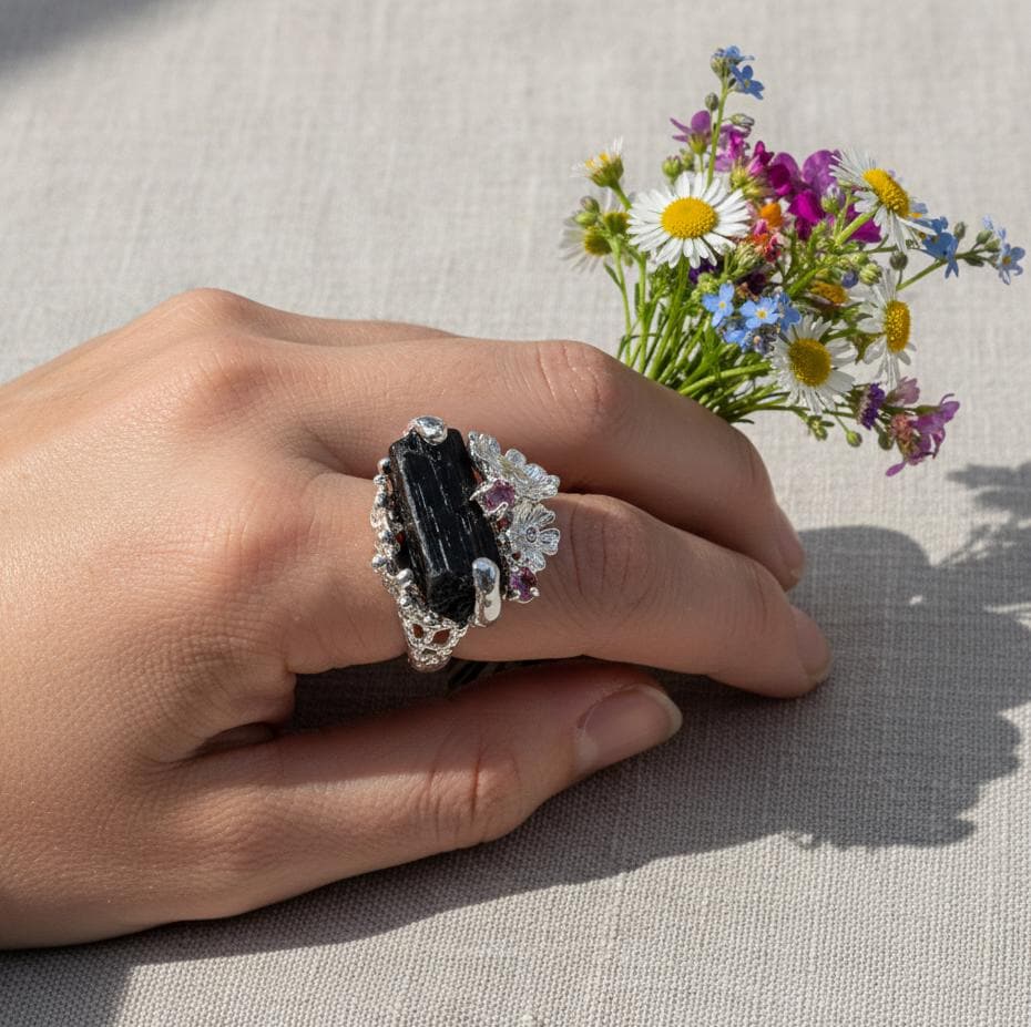 925 Sterling Silver Raw Black Tourmaline Flower Ring