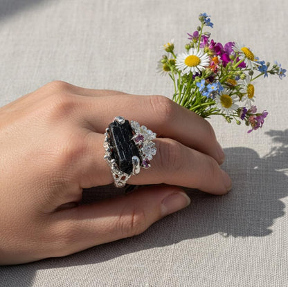 925 Sterling Silver Raw Black Tourmaline Flower Ring