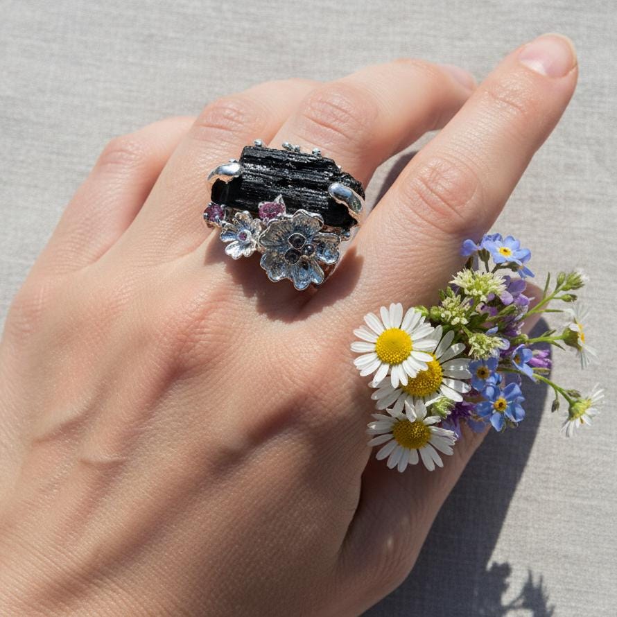 925 Sterling Silver Raw Black Tourmaline Flower Ring