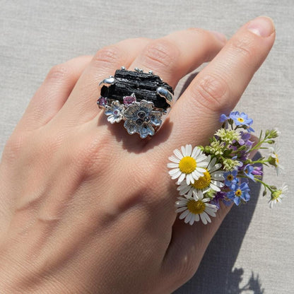 925 Sterling Silver Raw Black Tourmaline Flower Ring