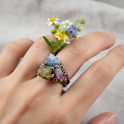 925 Sterling Silver Raw Sapphire Ruby Ring