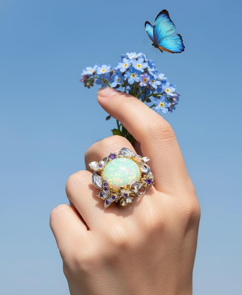 925 Sterling Silver Genuine Opal Statement Ring