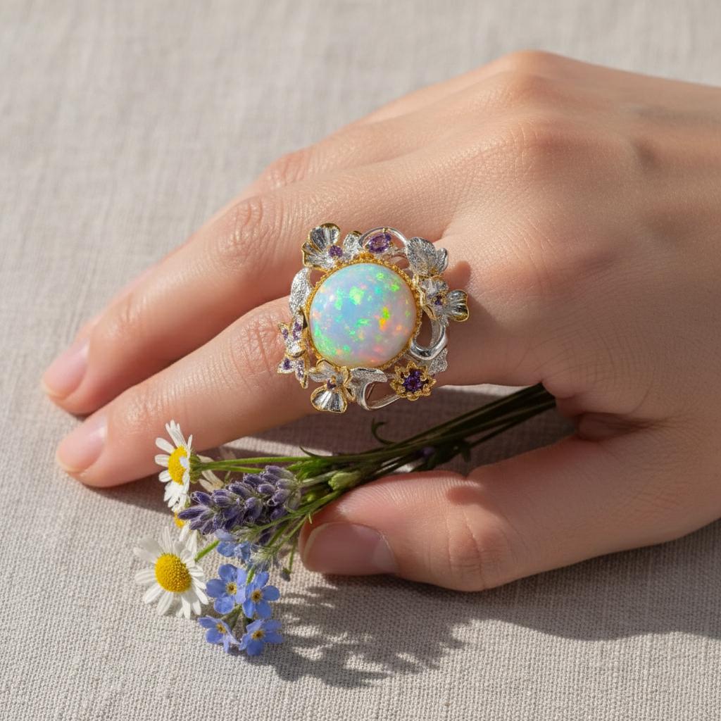 925 Sterling Silver Genuine Opal Statement Ring