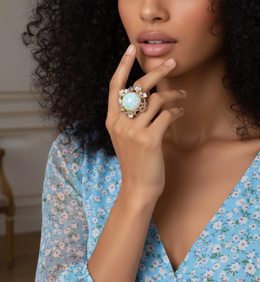 925 Sterling Silver Genuine Opal Statement Ring