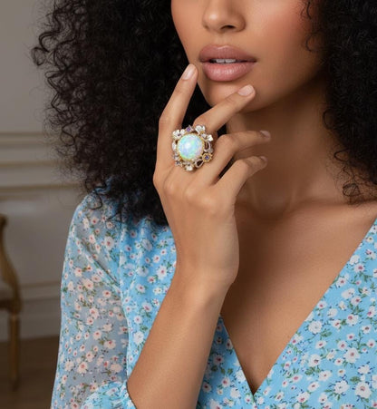 925 Sterling Silver Genuine Opal Statement Ring