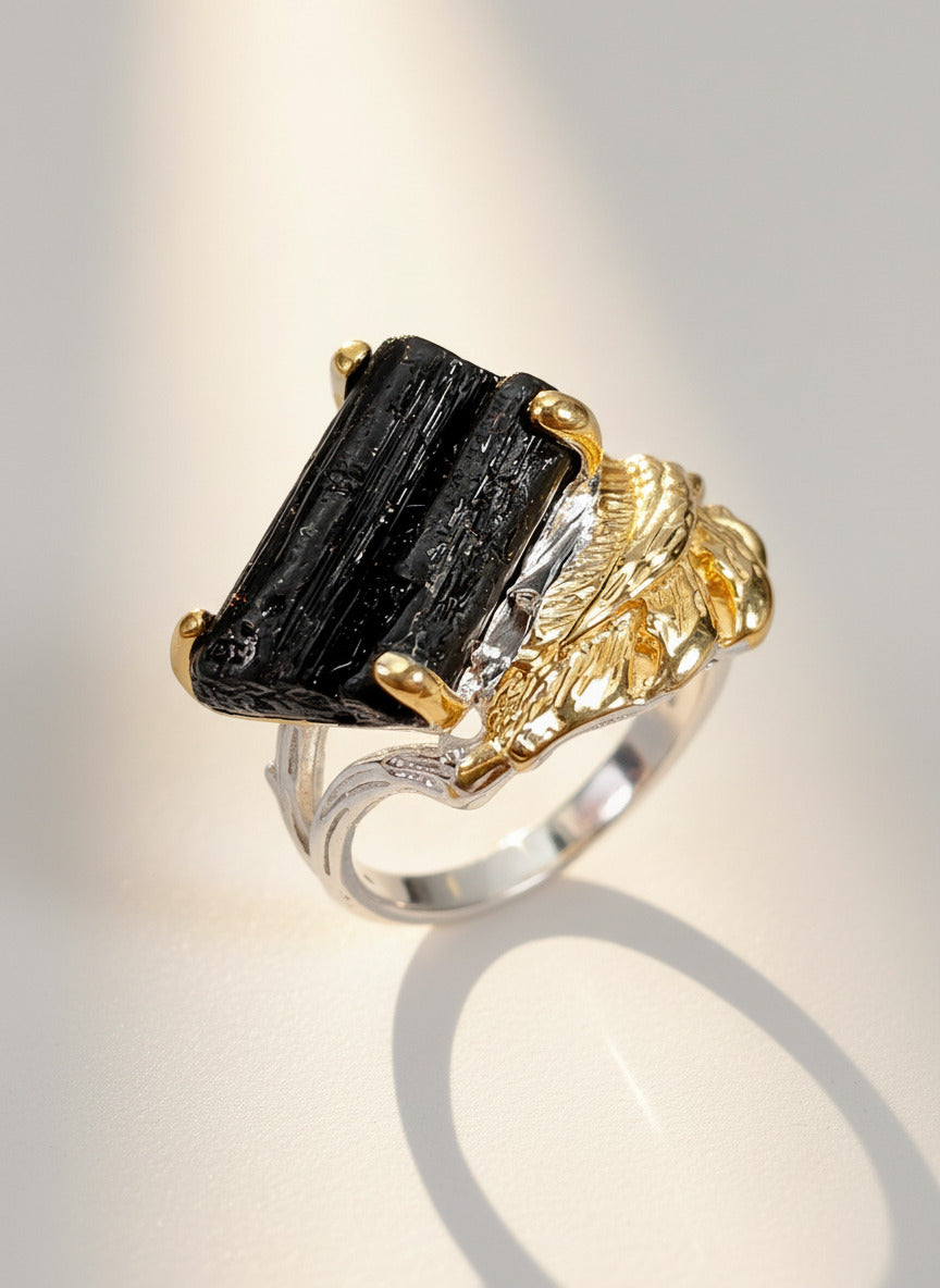 925 sterling silver black tourmaline leaf ring