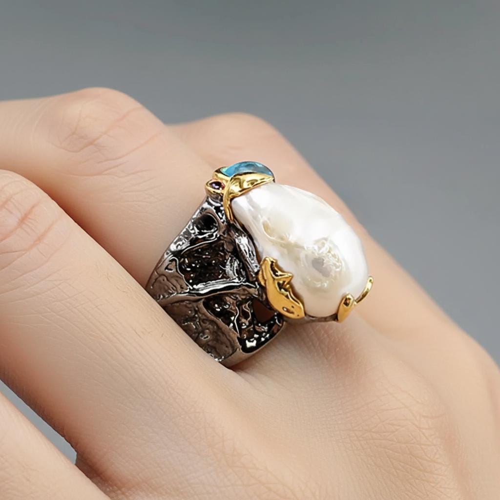 925 Sterling Silver Baroque Pearl Chunky Ring