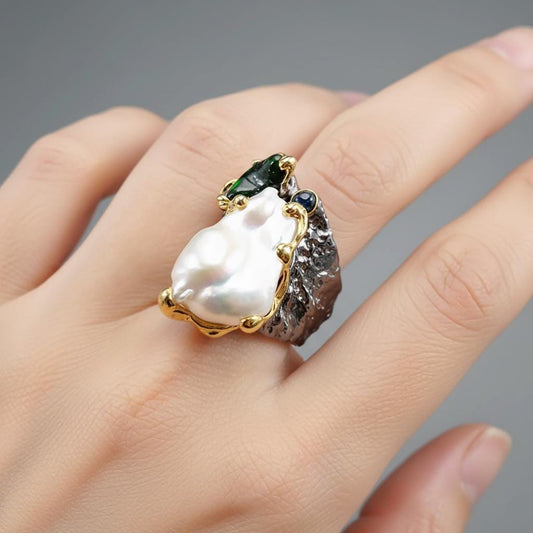 925 Sterling Silver Baroque Pearl Wide Band Ring