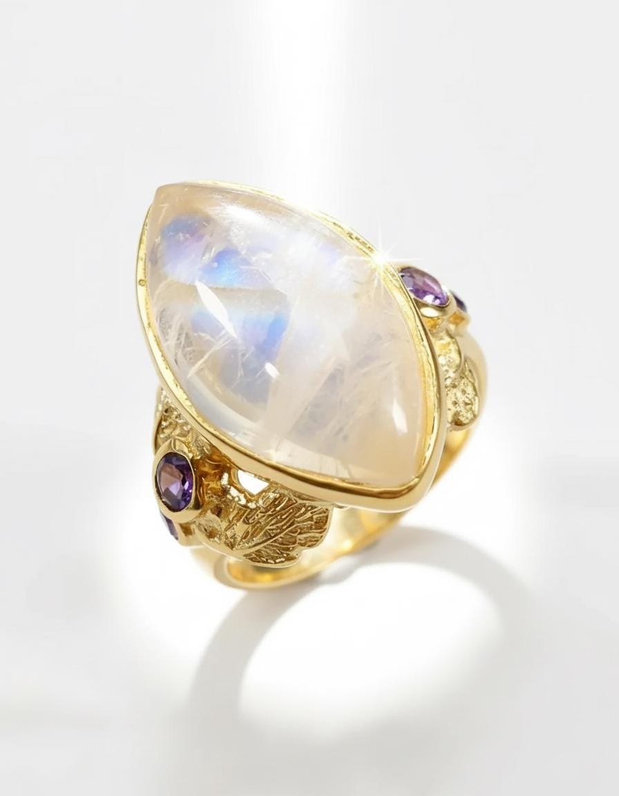 925 Sterling Silver Rainbow Moonstone Leaf Ring