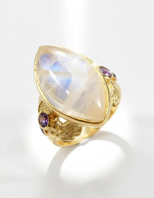925 Sterling Silver Rainbow Moonstone Leaf Ring