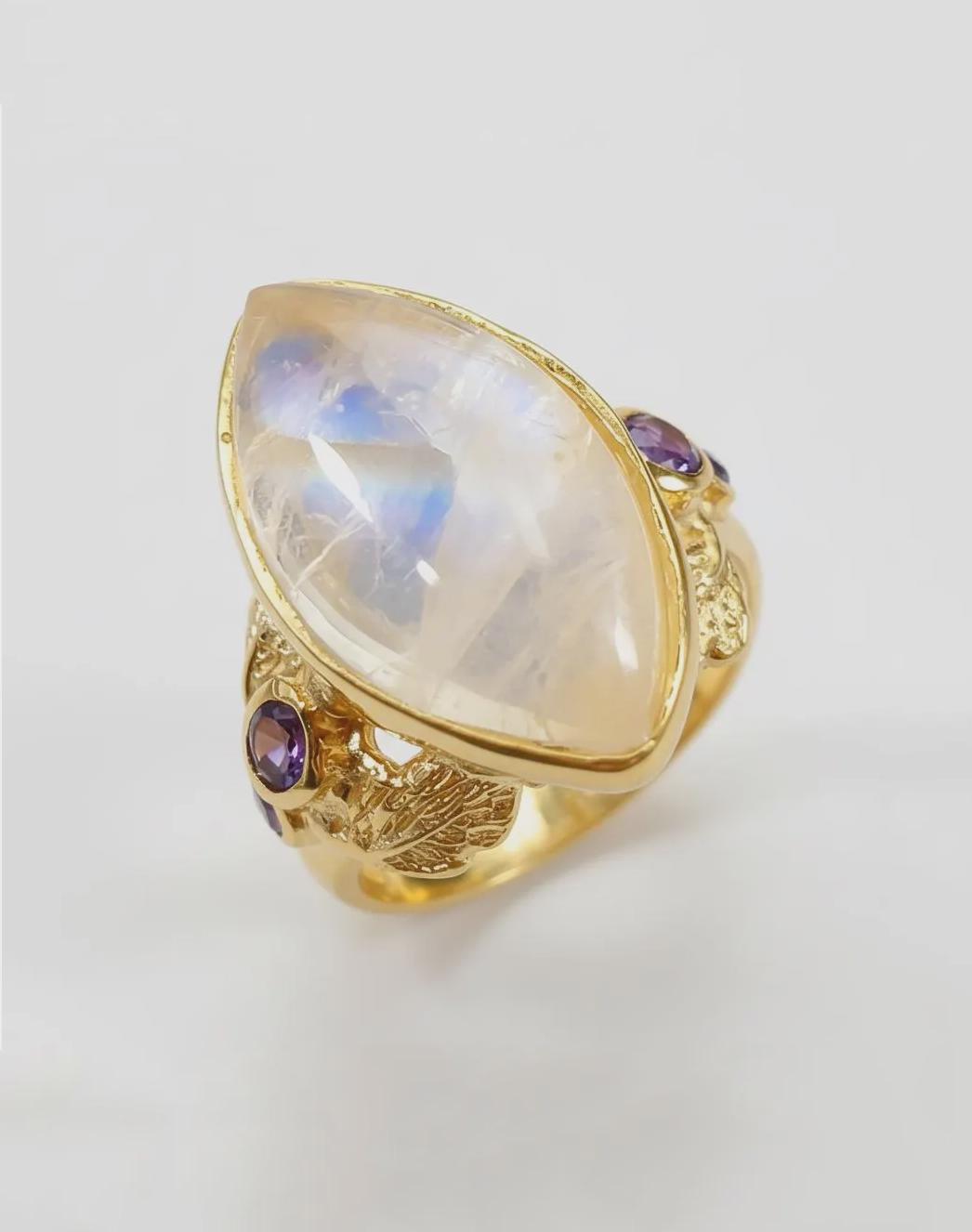 925 Sterling Silver Rainbow Moonstone Leaf Ring