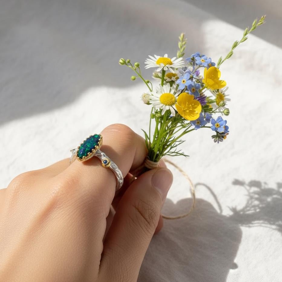 925 Sterling Silver Black Opal Branch Ring