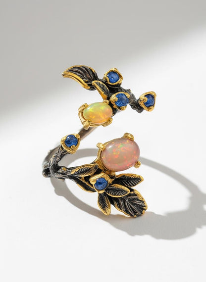 925 sterling silver fire opal black branch ring