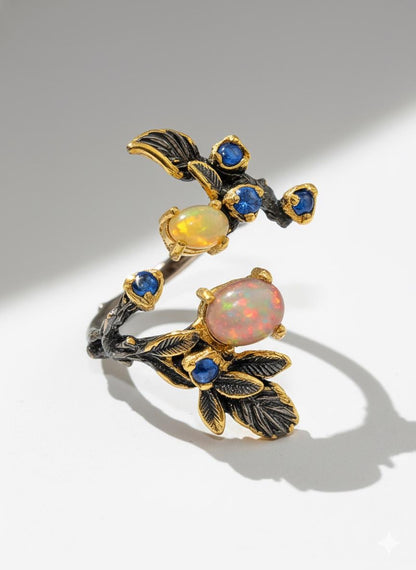 925 sterling silver fire opal black branch ring
