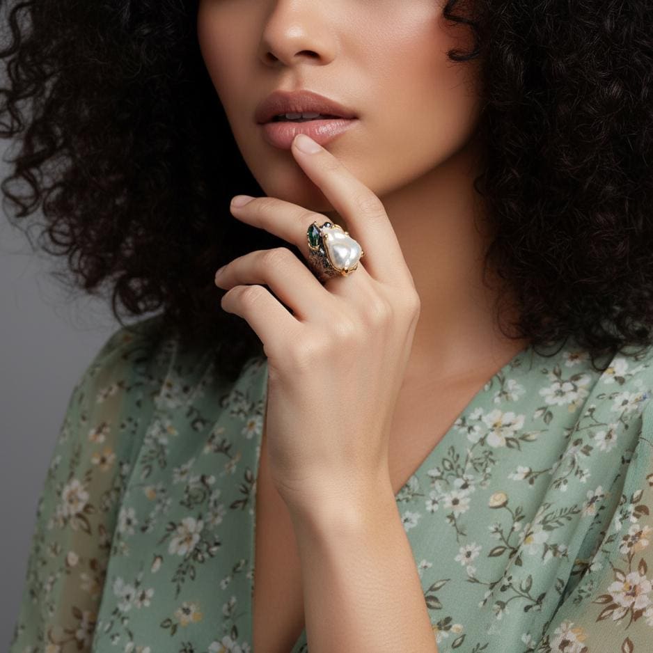 925 Sterling Silver Baroque Pearl Wide Band Ring