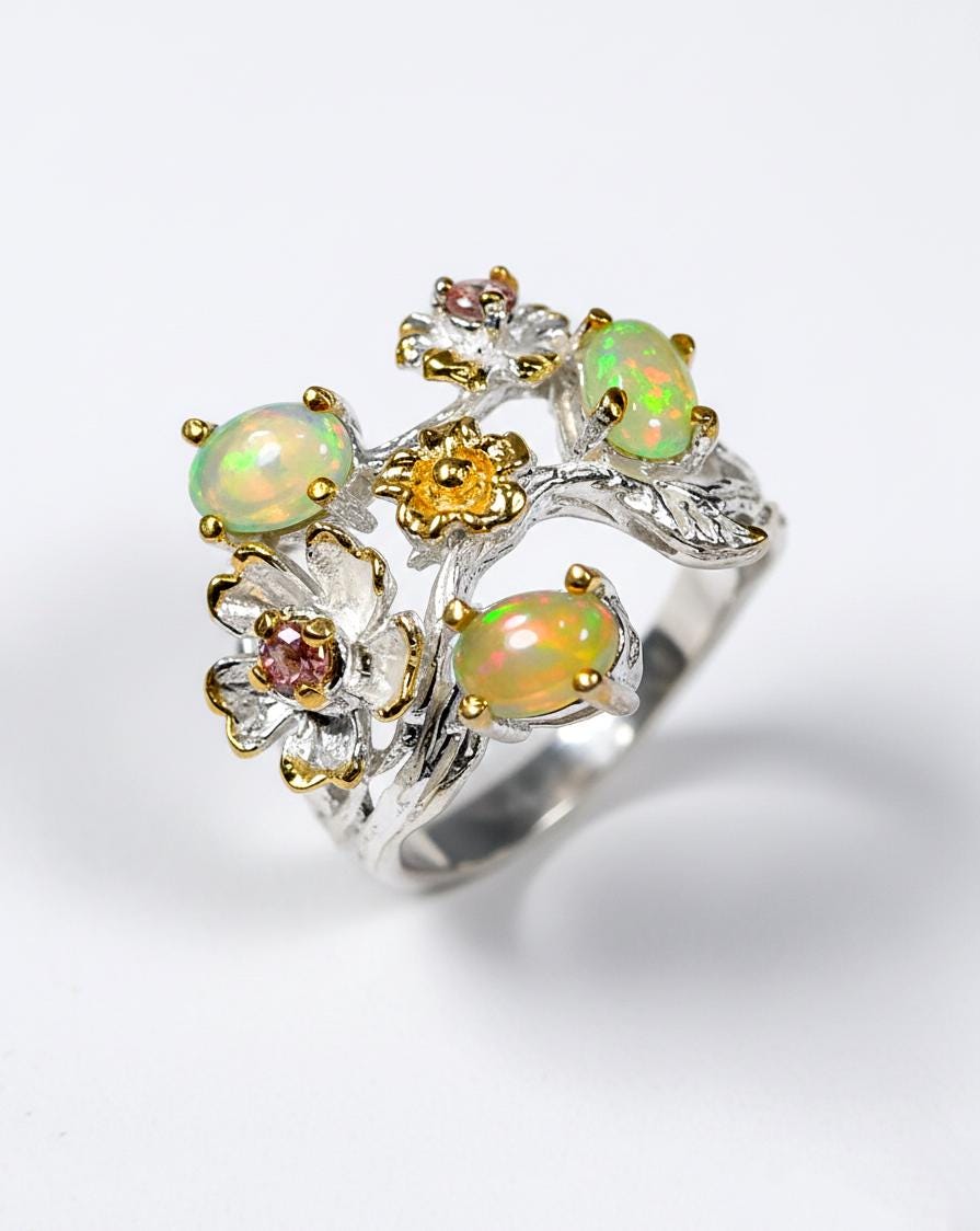 925 Sterling Silver Fire Opal Ring, worn look