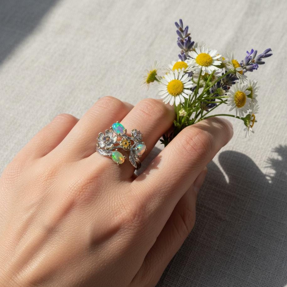 925 Sterling Silver Fire Opal Ring, setting detail