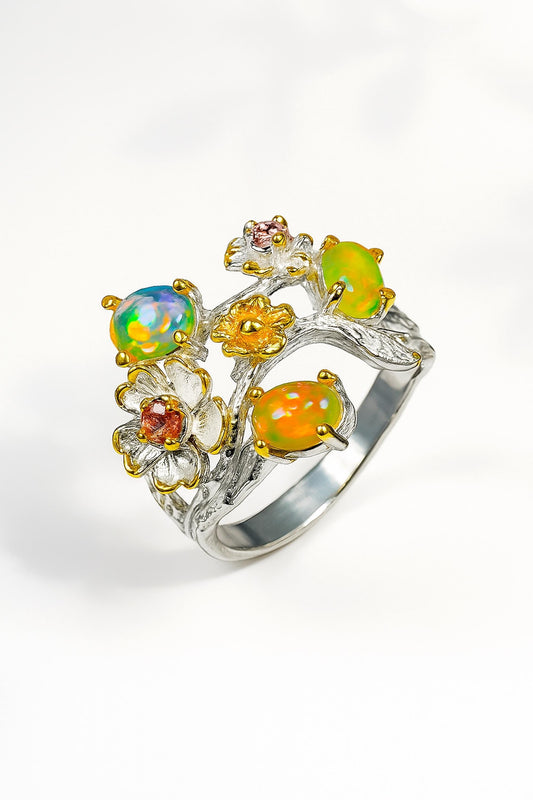 925 Sterling Silver Fire Opal Cherry Blossom Ring