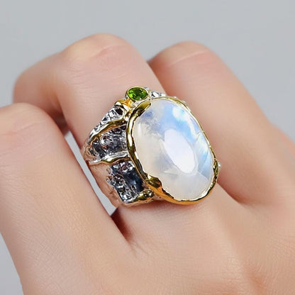 925 Sterling Silver Rainbow Moonstone Wide Band Ring