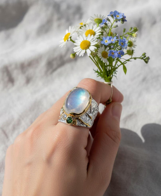 925 Sterling Silver Rainbow Moonstone Wide Band Ring