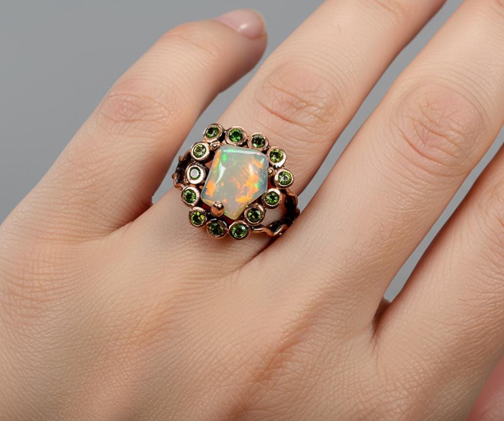 925 Sterling Silver Raw Opal Halo Ring