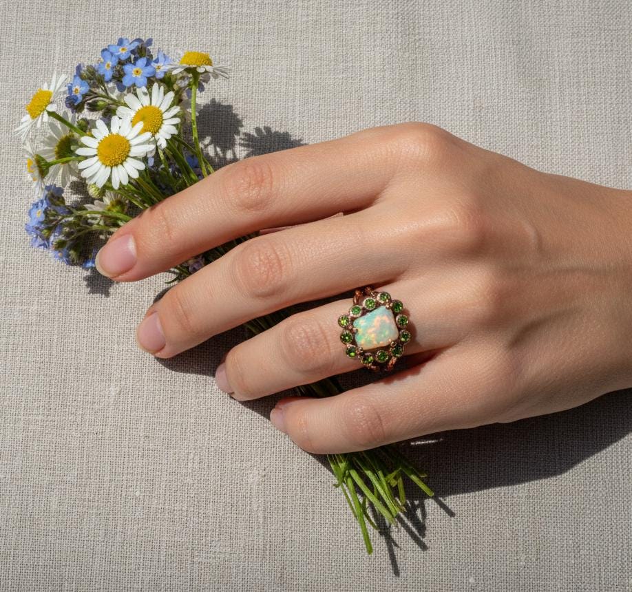 925 Sterling Silver Raw Opal Halo Ring